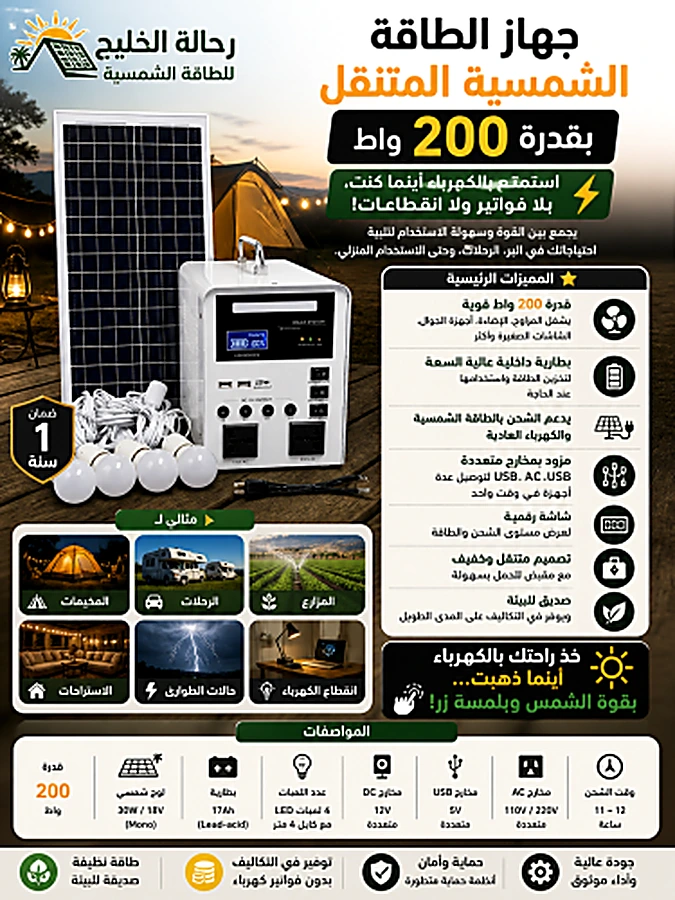 جهاز متنقل بالطاقة الشمسية 200 واط